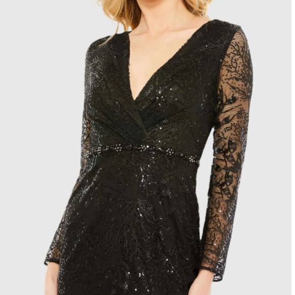 MAC DUGGAL 68016 EMBELLISHED WRAP OVER LONG SLEEVE BLACK GOWN sz 12 - Picture 3 of 5